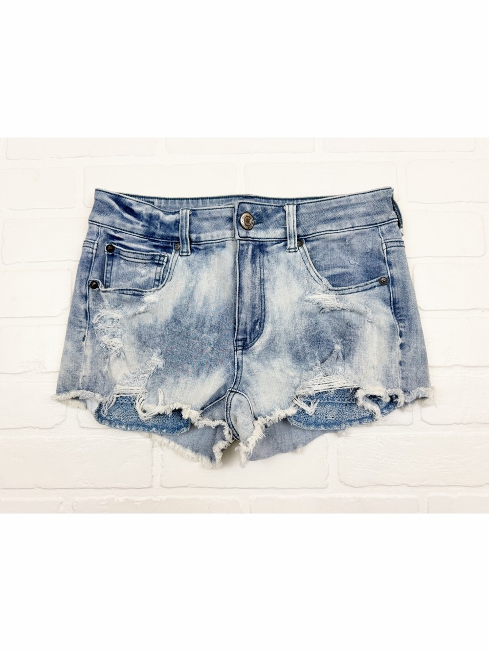 American Eagle Hi Rise Shortie Jean Shorts Super Stretch Bleach Distress Size 6